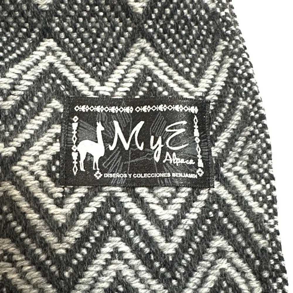 MyE Baby Alpaca Large Scarf Wrap Gray Charcoal Zigzags Fringes Men's Women's